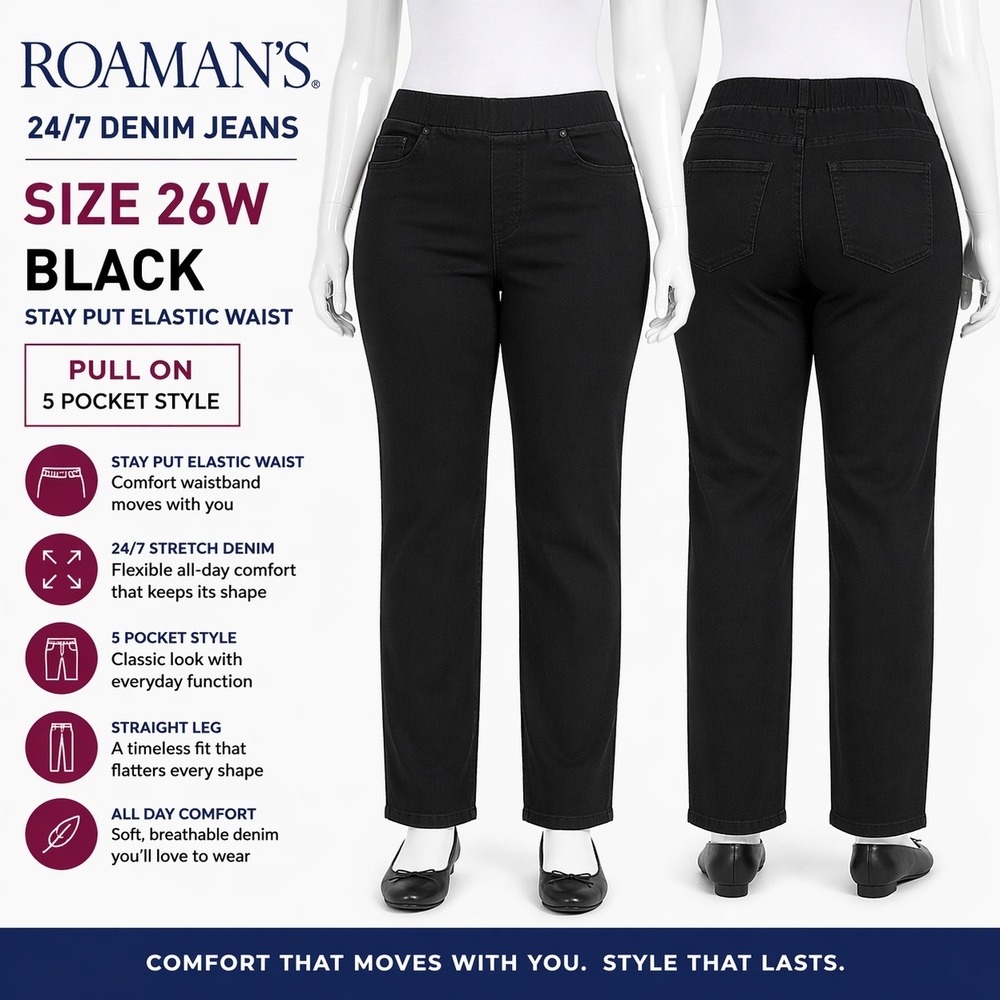 Roamans 24/7 Denim Black Jeans 26W Elastic Waist Stay Put Straight‎ Leg 7444 NWT